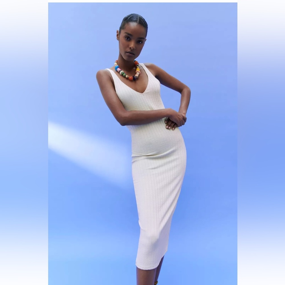 NWT Zara Ribbed Midi Dress in Light Sand, Size Small - Picture 5 of 12